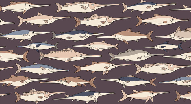 Seamless repeating pattern of various swordfish swimming in different shades of brown and blue on a dark purple backdrop.