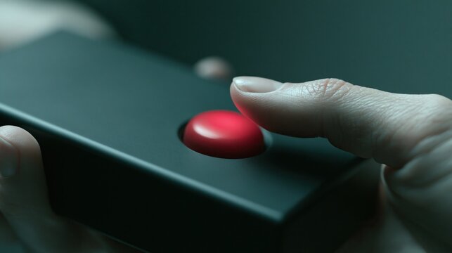 Human hand hovering over bright red push button on matte black panel represents decision emergency action and urgent choice concept
