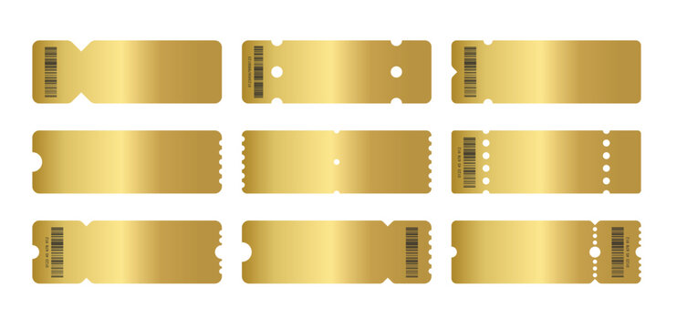 Vip Gold ticket mockup set. Luxury style and gold colors template Tickets Set. For cinema, sale coupon, circus, theater, festival. Minimalist coupons. Isolated background