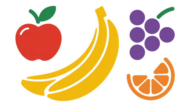 Colorful flat illustration of fresh fruits including apple, banana, grapes, and orange slice Vector