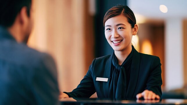 Smiling professional Asian female receptionist in black uniform talking with guest at hotel reception desk shows excellent warm customer service