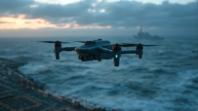 Military surveillance drone flying above navy warship deck over rough ocean during cloudy dawn showing modern military reconnaissance and defense technology