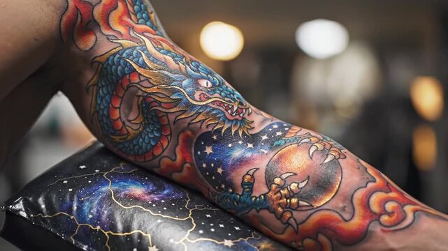 Colorful blue dragon tattoo on arm with cosmic background