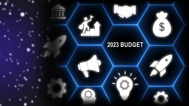 2023 Budget Concept with Icons and Hexagonal Network on Dark Background finance financial planning-4k black background icon animation