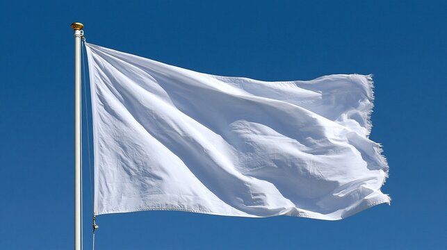 Plain blank solid white flag waving on metal flagpole against clear bright blue sky ready for custom text and design as blank template