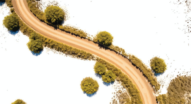 Aerial winding road vector illustration, curved dirt path with green trees on white background, top view landscape map element for travel design