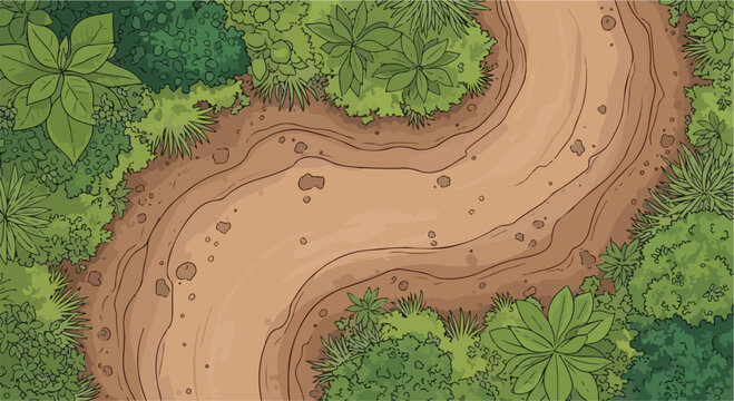 Top view forest path vector, winding dirt road through green jungle foliage, aerial landscape background for game design and map creation
