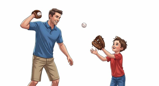 Father and son play baseball outdoors with a white background