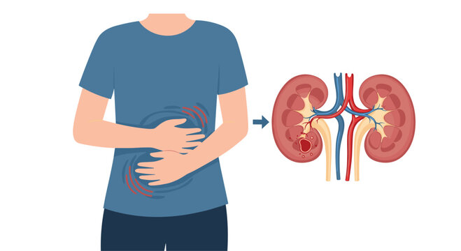 Medical illustration of a man experiencing abdominal pain with a comparative diagram showing the anatomy of kidneys and a highlighted lesion.