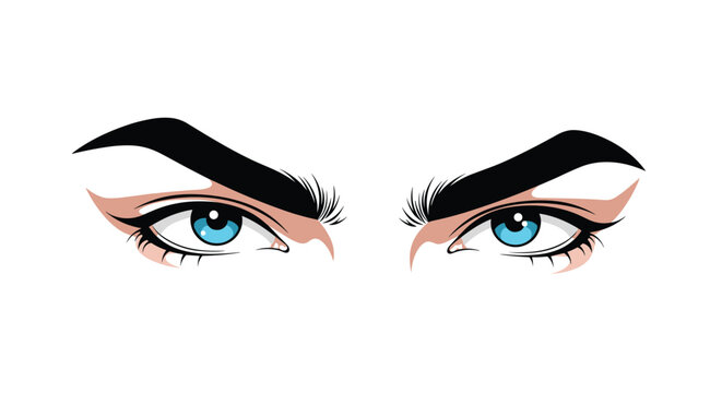 Close-up vector artwork of a pair of intense blue human eyes with thick black eyelashes and well-defined dark eyebrows in a comic style.