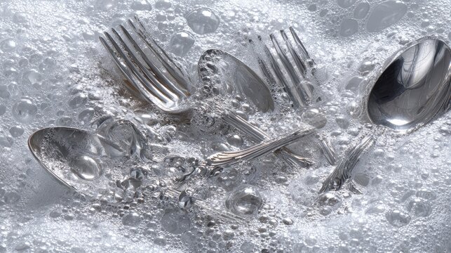 Water flows over shiny silverware in a bubbly foam.