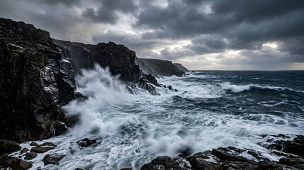 Fototapeta premium A couple walks hand in hand along a rugged coastline with crashing waves and stormy weather.