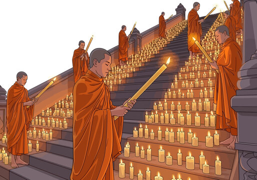 Buddhist monks lighting candles ritual.