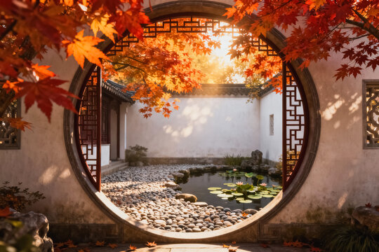 This tranquil autumn scene features a traditional Chinese courtyard viewed through a circular moon gate, with vibrant maple foliage framing the view and a lily pond at the center.