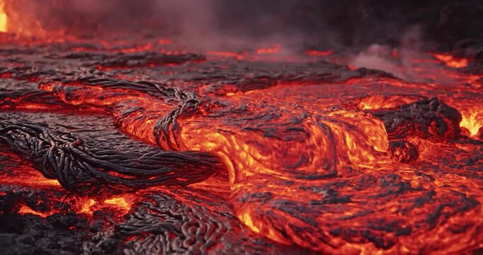 Molten lava flows over volcanic rock creating a glowing surface