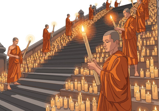 Buddhist monks with candles on stairs.