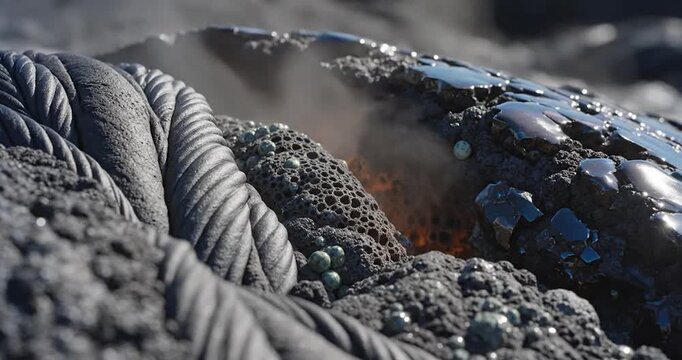 Molten volcanic lava flowing between rough dark cooled basalt rocks