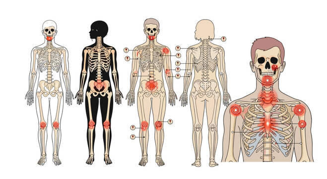 Medical illustration showing multiple human figures with red highlights indicating locations of pain or inflammation in the body.