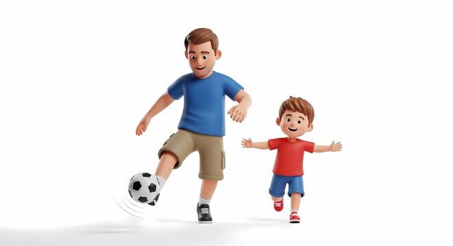 Father and son play soccer on a white background with cartoon style