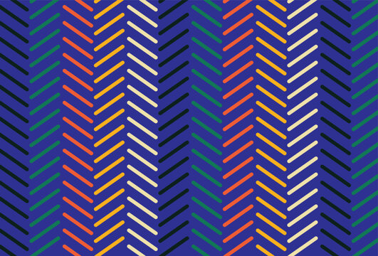 Colorful geometric herringbone pattern with diagonal lines and repeating zigzag stripes on deep blue background.