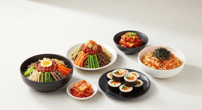 美味しそうな韓国料理の豊かな盛り合わせ 上からの眺め