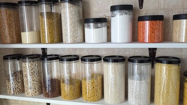 Pantry stocked with organized transparent containers holding various dry food items like legumes, grains, pasta, and flour, promoting efficient kitchen storage