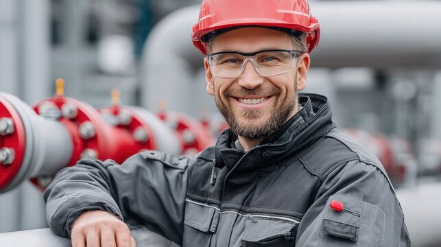 Smiling engineer in a red hard hat and safety glasses at an industrial site.