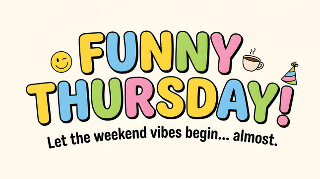 Funny Thursday text with a winking smiley, coffee cup, and party hat, announcing the start of weekend vibes.