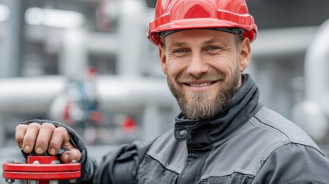 Smiling engineer in a red hard hat at an industrial facility.