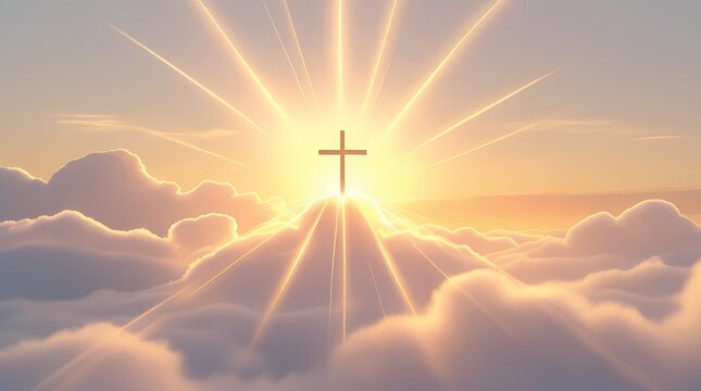 Glowing Cross Above Heavenly Clouds with Radiant Sunrise Light