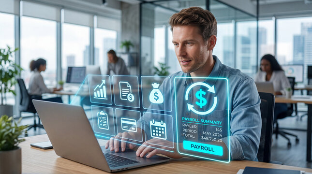 Payroll digital management system showing person operating financial software on laptop for salary calculation, tax payment and business accounting in digital fintech company setup 
