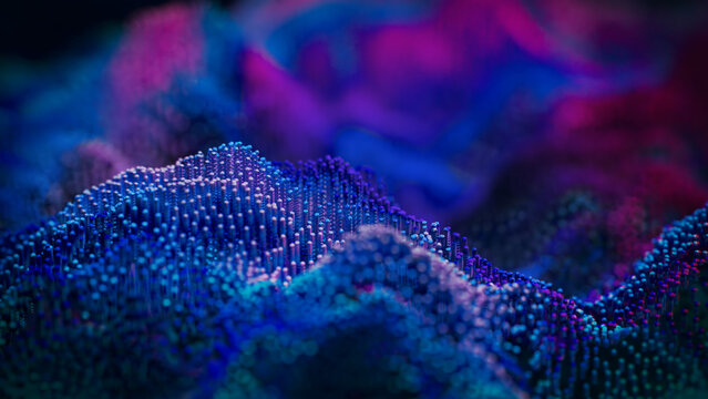 Abstract Blue and Purple Particle Landscape, Futuristic Data Visualization Background