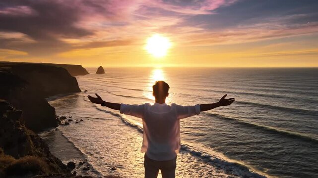 Man with arms outstretched enjoys sunset over ocean cliffside landscape