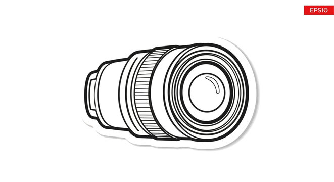Camera Lens Drawing, Sketch Style, Isolated on White Background