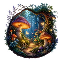 Fototapeta premium Enchanted mushroom forest with glowing lights and winding path illustration