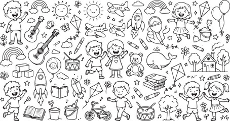 Obraz premium Charming Black and White Doodle Collection Illustrating Playful Children Engaging in Various Joyful Activities and Fun Toys