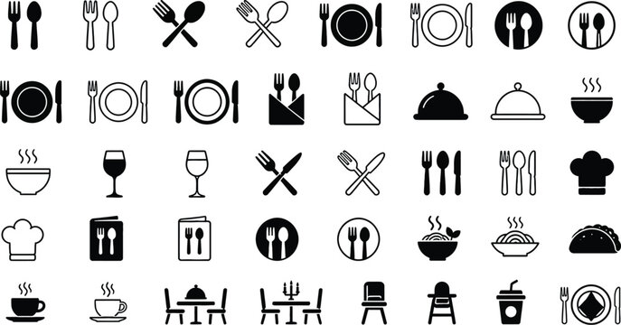 Collection of black and white representing food, dining, and restaurant cutlery fork