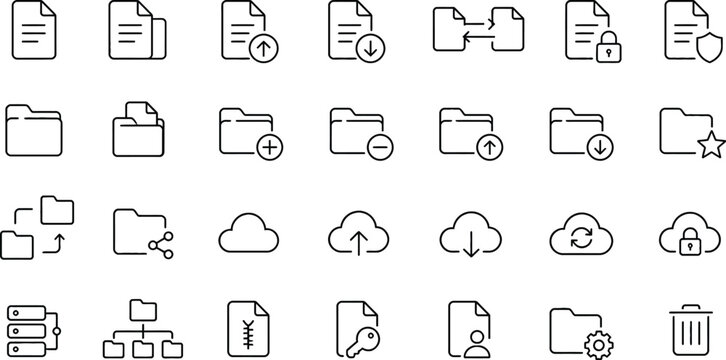 Collection of black outline representing document and folder management, cloud storage, and system operations
