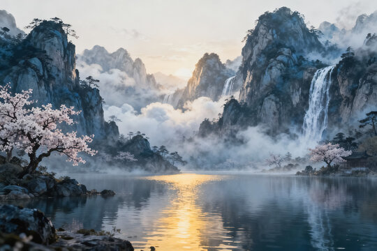 This peaceful landscape features a calm lake reflecting sunrise light, surrounded by misty rocky mountains, waterfalls, and blooming cherry blossom trees.