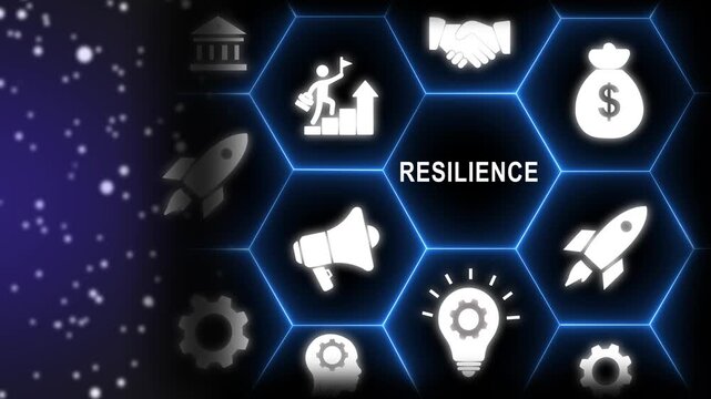 Resilience business for sustainable and inclusive growth concept. The ability to deal with adversity, continously adapt and accelerate disruptions, crises. -4k black background icon animation