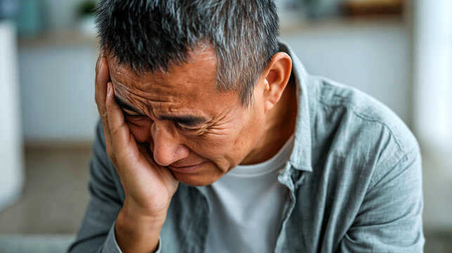 Reflection of Sadness Portrait of a contemplative older male experiencing feelings of distress, his countenance expressing a moment of inner turmoil. Capturing the deep emotions of struggle. 