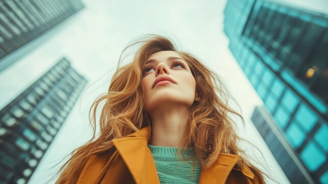 A striking portrait of a young woman gazing upwards in a modern urban environment, showcasing fashionably tousled hair and a confident demeanor against skyscrapers.
