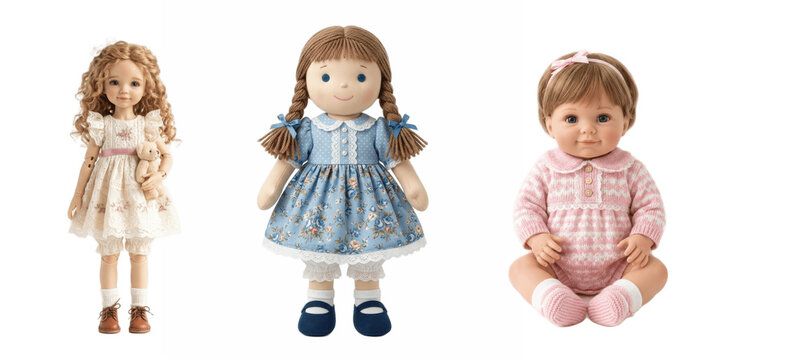 Childhood charm: three different dolls standing side by side, featuring curly hair, braided pigtails, and a seated baby doll in soft pastel clothing and accessories

