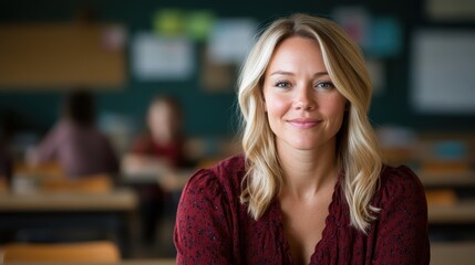 Fototapeta premium A cheerful woman with blonde hair, seated in a colorful classroom, embodies warmth and approachability, showcasing the joy of teaching and positive learning environment.