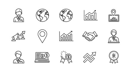 Fototapeta premium Business growth charts and handshake icons define professional success and global partnership strategies in this collection of linear corporate symbols.