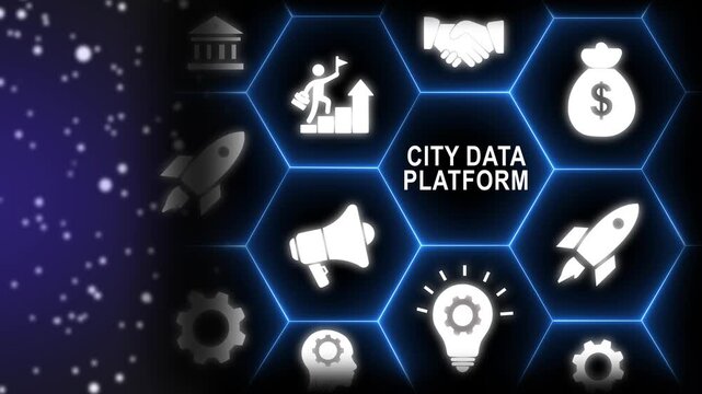 Digital Network of Hexagons with City Data Platform Central and Business Icons on Dark Background technology-4k black background icon animation