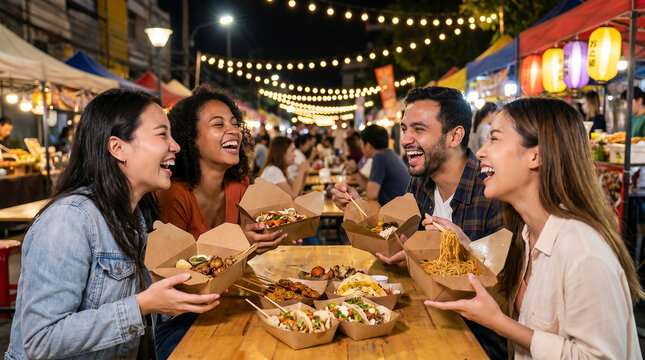 Diverse friends laughing and eating street food from kraft paper boxes at an evening festival