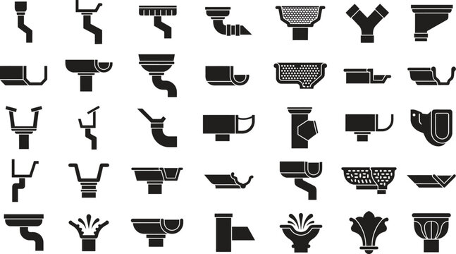 Gutter and downspout icons in black on white background