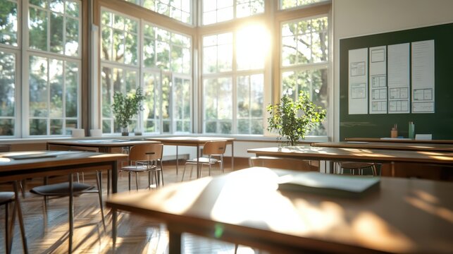 A serene classroom filled with soft morning light, illuminating wooden desks and green plants, fostering an inviting and inspiring environment for learning and growth.