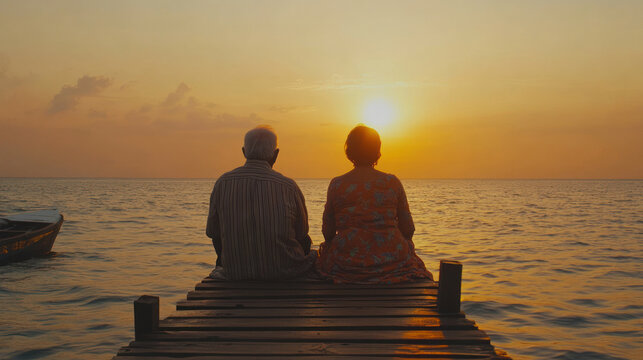 senior couple sitting on wooden pier looking at beautiful ocean sunset. romantic retirement lifestyle and peaceful vacation concept. banner, website header, copyspace.